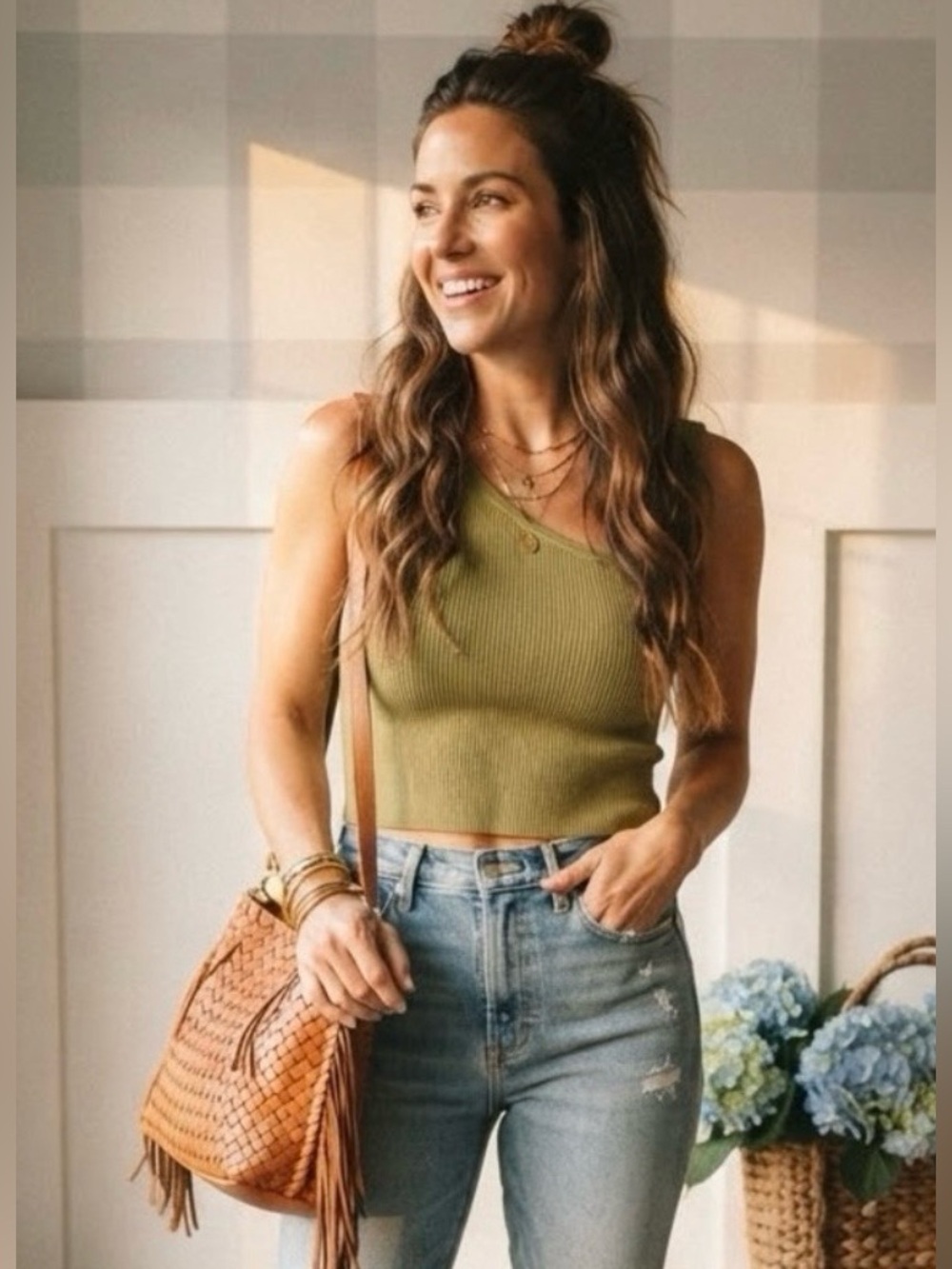 Only Light Olive One-Shoulder Ribbed Cropped Tank XL‎